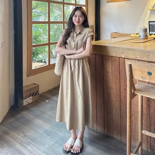 Váy sơ mi tay hến chất kaki thắt eo dáng dài xẻ sau 168.fashion Vay137/P8K7