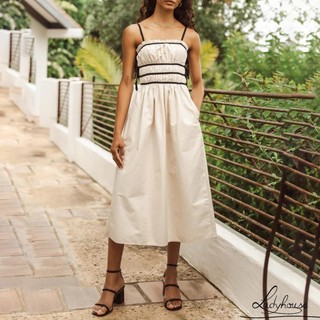 Ldd-nữ Mùa Hè Midi Cami Đầm Không Tay Lưng Thắt Lưng Dây Đeo Spaghetti Có Túi