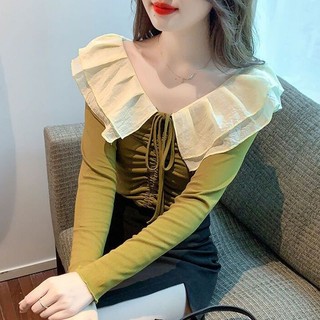 Pure Desire Hot Girl Áo Thun Dài Tay Một Vai Nữ Thu Đông Phong Cách Mới Xù Thiết Kế Cảm Giác Sang Trọng Ngắn Top
