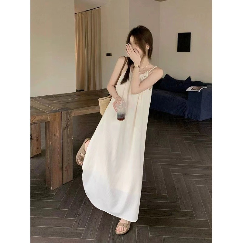 Váy 2 dây trễ vai đi biển Đầm hai dây dài bigsize nữ Trắng Đầm Sling Mùa Hè Rời Dài | BigBuy360 - bigbuy360.vn