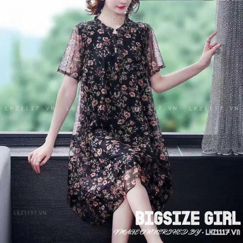 Đầm trung niên Bigsize nữ Váy hoa nhí voan dáng suông tay ngắn cổ tròn mùa hè，Đầm trung niên sang trọng cho mẹ đẹp thời trang Cao Cấp | BigBuy360 - bigbuy360.vn