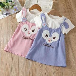  Quần áo trẻ em bé gái Váy mùa hè cho bé gái Cotton nguyên chất Phim hoạt hình giả hai mảnh Cô gái nhỏ có ảnh hưởng ngắn tay mỏng S