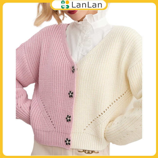 Hot Nữ Colorblock Cổ Chữ V Crop Cardigan Thu Đông 2024 Dài Tay Rời Nút Xuống Cardigan Áo Len