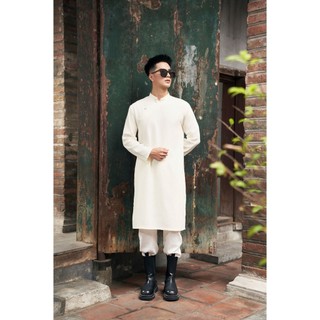 Áo dài nam cách tân trơn màu trắng kem chất liệu Linen thiết kế cúc bọc dáng suông -Xưởng may Áo dài HQ - M32