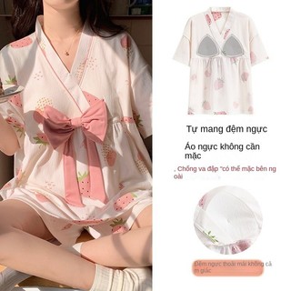 Bộ đồ ngủ nơ ngọt ngào có miếng đệm ngực cho nữ, Bộ đồ mặc nhà ngắn tay mùa hè