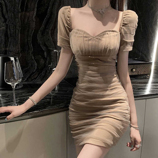 Yuewen Hộp Đêm Hộp Đêm Quần Áo Nữ Gạc Hộp Đêm Disco Puff Tay Thấp Ôm Vừa vặn Váy Hông