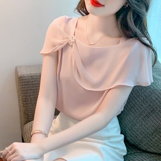 Áo Sơ Mi Voan Cổ Phẳng Nữ Mùa Hè 2025 Phong Cách Mới OL Khăn Choàng Khâu Xù Áo Chui Đầu Tay Ngắn