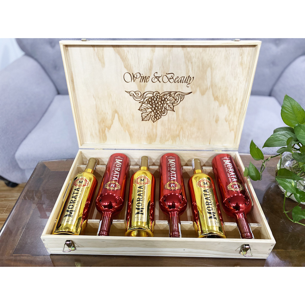 Quà tặng hộp gỗ 6 chai vang ngọt Ý Morata - mix 2 màu