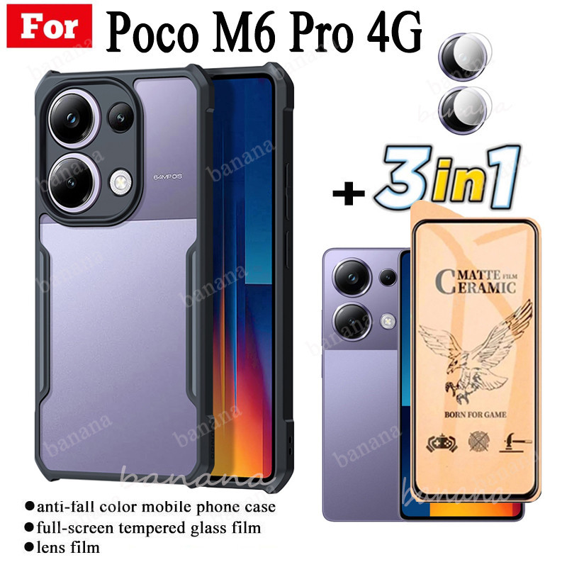 Ốp điện thoại chống sốc 3 trong 1 Poco M6 Pro 4G cho phim mờ Poco M6proCeramic + Phim ống kính máy ả