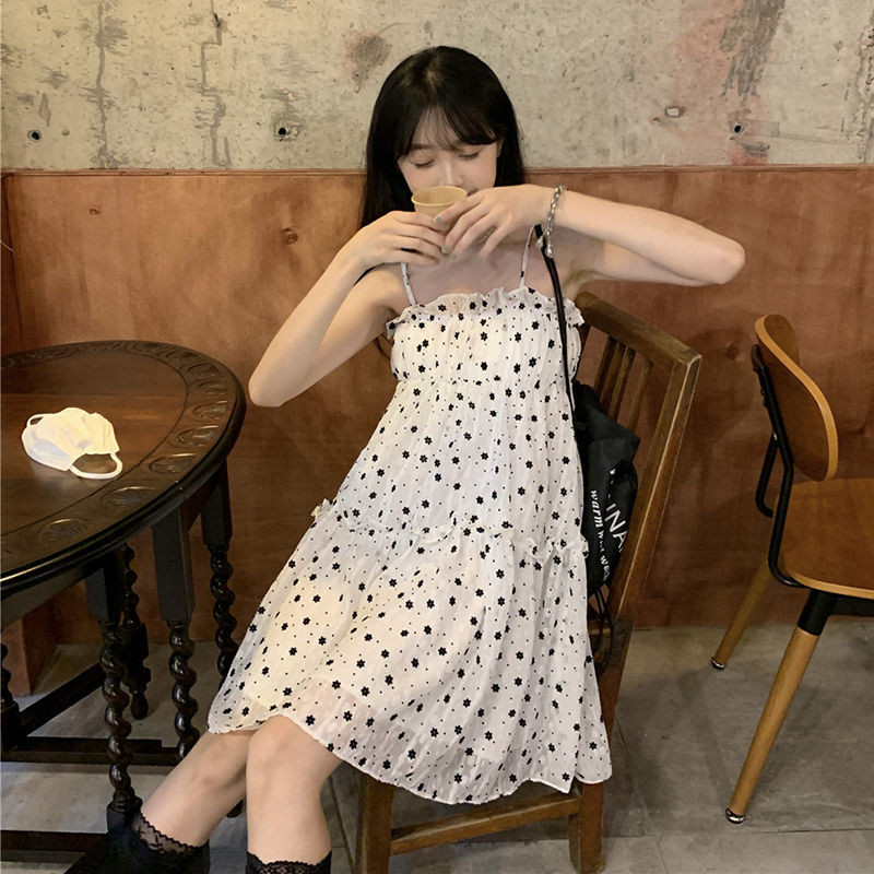 Đầm hoa chấm bi mùa hè mới Giảm béo dễ thương Ins Sinh viên siêu bất tử