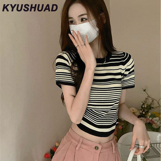 Áo thun nữ KYUSHUAD phong cách Hàn Quốc ngắn tay cổ tròn sọc tương phản phong cách giản dị