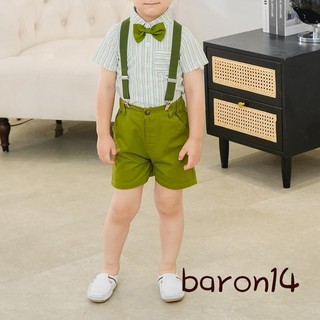 Bé trai 2 chiếc trang phục quý ông áo sơ mi sọc tay ngắn + quần short treo bộ quần áo tập đi