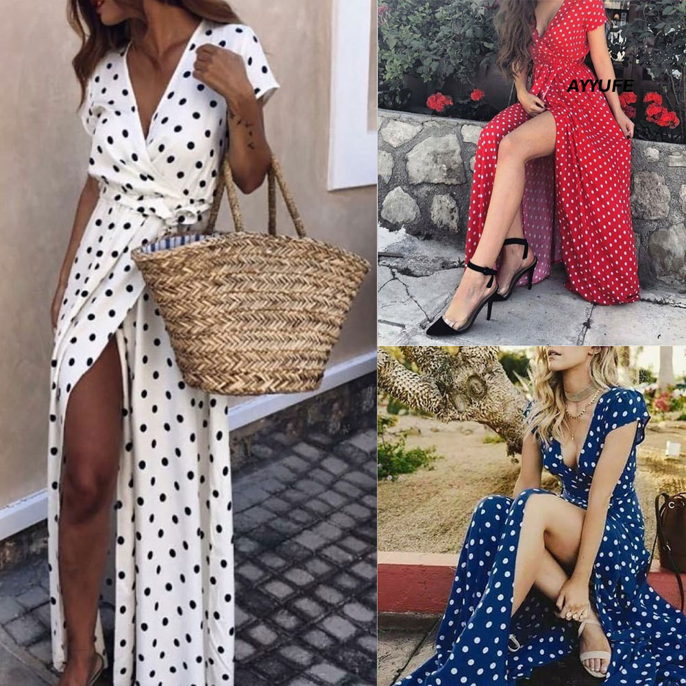 Ayyufe Mùa Hè Nữ Đi Biển Đảng Gợi Cảm Deep-V Chấm Bi Khe Tay Ngắn Đầm Maxi