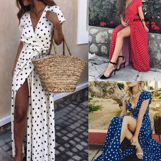 Ayyufe Mùa Hè Nữ Đi Biển Đảng Gợi Cảm Deep-V Chấm Bi Khe Tay Ngắn Đầm Maxi