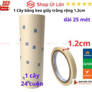 Băng keo giấy màu trắng rộng 1.2cm, dài 25 mét, lõi giấy 3mm, 1 cây 24 cuộn