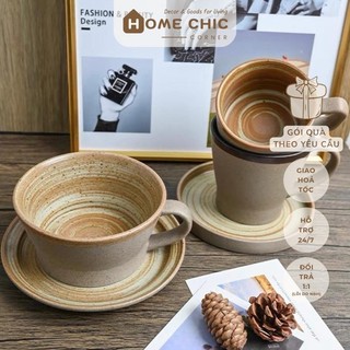 Cốc ly đĩa gốm sứ bộ tách cà phê hoạ tiết men xoáy tông màu nâu vintage | HOME CHIC CORNER