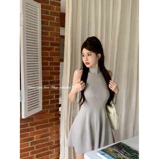 Liasynn Qingtandong Oni Váy dệt kim không tay nhẹ nhàng Slim-fit Pure Desire Váy chữ a eo hẹp Váy không tay a @ -