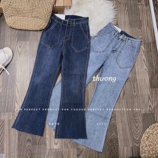 Quần jean ống loe vừa 9 tấc lưng cao Hằng clothing , Quần bò ống loe dáng lỡ ngắn jean co dãn 4 chiều dày dặn