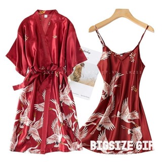 Set đồ ngủ Áo choàng ngủ lụa Bigsize Áo khoác ngủ dáng dài kèm Đầm 2 dây in hình dáng suông Mặc nhà Phong Cách Kimono Dành Cho Nữ