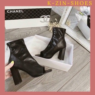 Giày bốt nữ cao gót xỏ ngón hở mũi thời trang - Bốt Lửng Hở Mũi Da Lì Cao 8 phân Có kéo