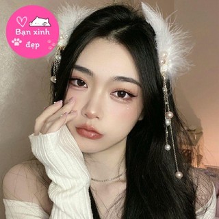 1 kẹp tóc lông vũ đính ngọc tua rua dài xinh đẹp, kẹp tóc Hanfu cho nữ