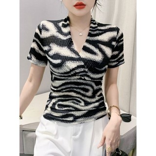 Áo thun ngắn tay họa tiết ngựa vằn màu tương phản dành cho nữ mùa hè Slim-Fit cao cấp v @ -