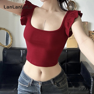 Lanlanlo Nữ 2024 Màu Trơn Thời Trang Đơn Giản Cổ Vuông Tay Ngắn Ngọt Ôm Thường Ngày Ngắn