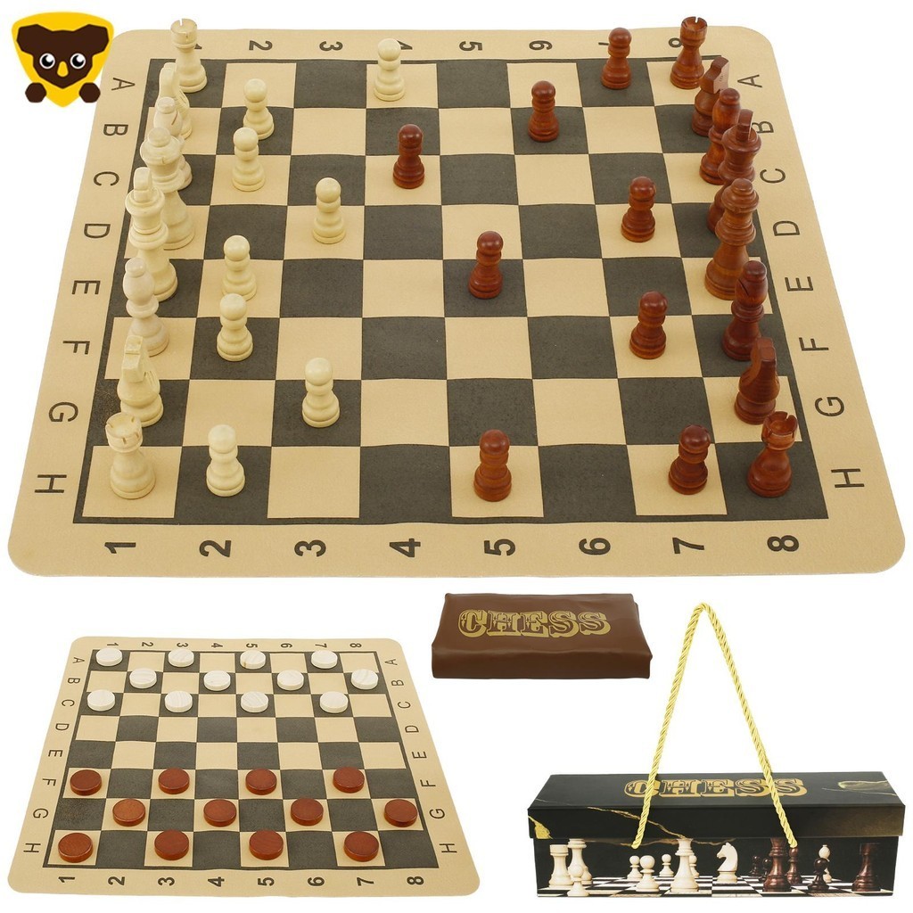 Bộ cờ vua và cờ vua Bộ cờ vua bằng da 16 inch bằng gỗ 2 trong 1 Trò chơi bảng cờ vua di động Bộ cờ vua dành cho trẻ em Người lớn SHOPCYC9776