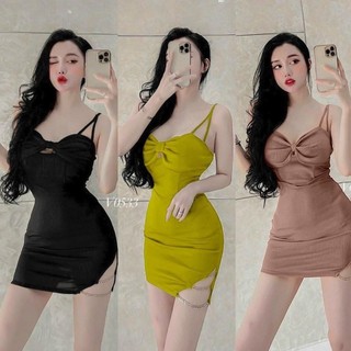Đầm Body Sexy 2 Dây Hở ᵰgực Váy Thiết Kế Ôm Cut-out Thun Thời Trang Nữ Sang Chảnh Dress Khuy