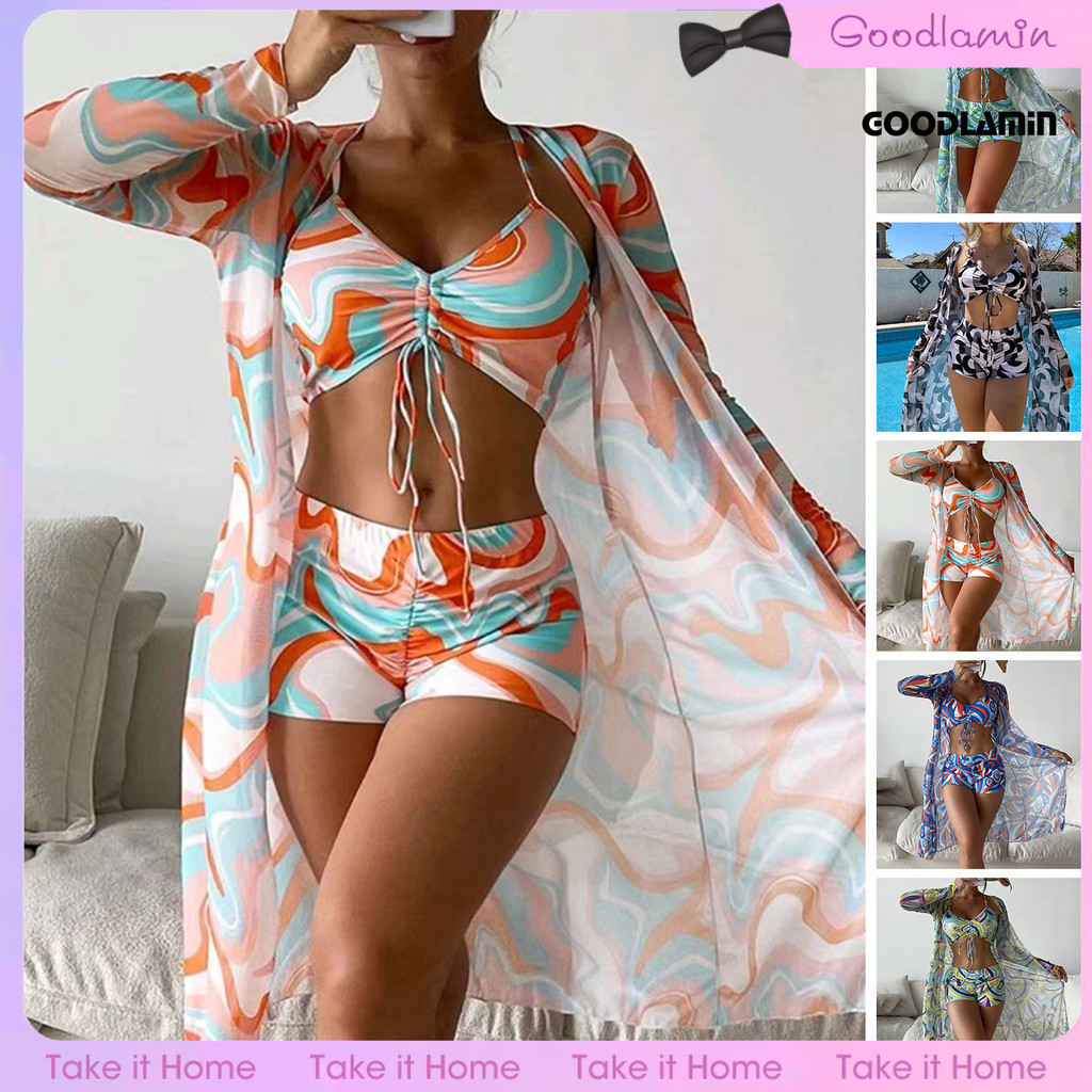 Goodlaymj Bộ Bikini 3 Món Dây Đeo Lưng Cao Co Giãn In Hình Đệm