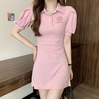 Mùa Hè 2024 Mới Ngọt Cay Phong Cách Cô Gái Cổ Polo Nữ Hàn Quốc Ins Bong Bóng Tay Ngắn Chữ A Tay Ngắn Đầm