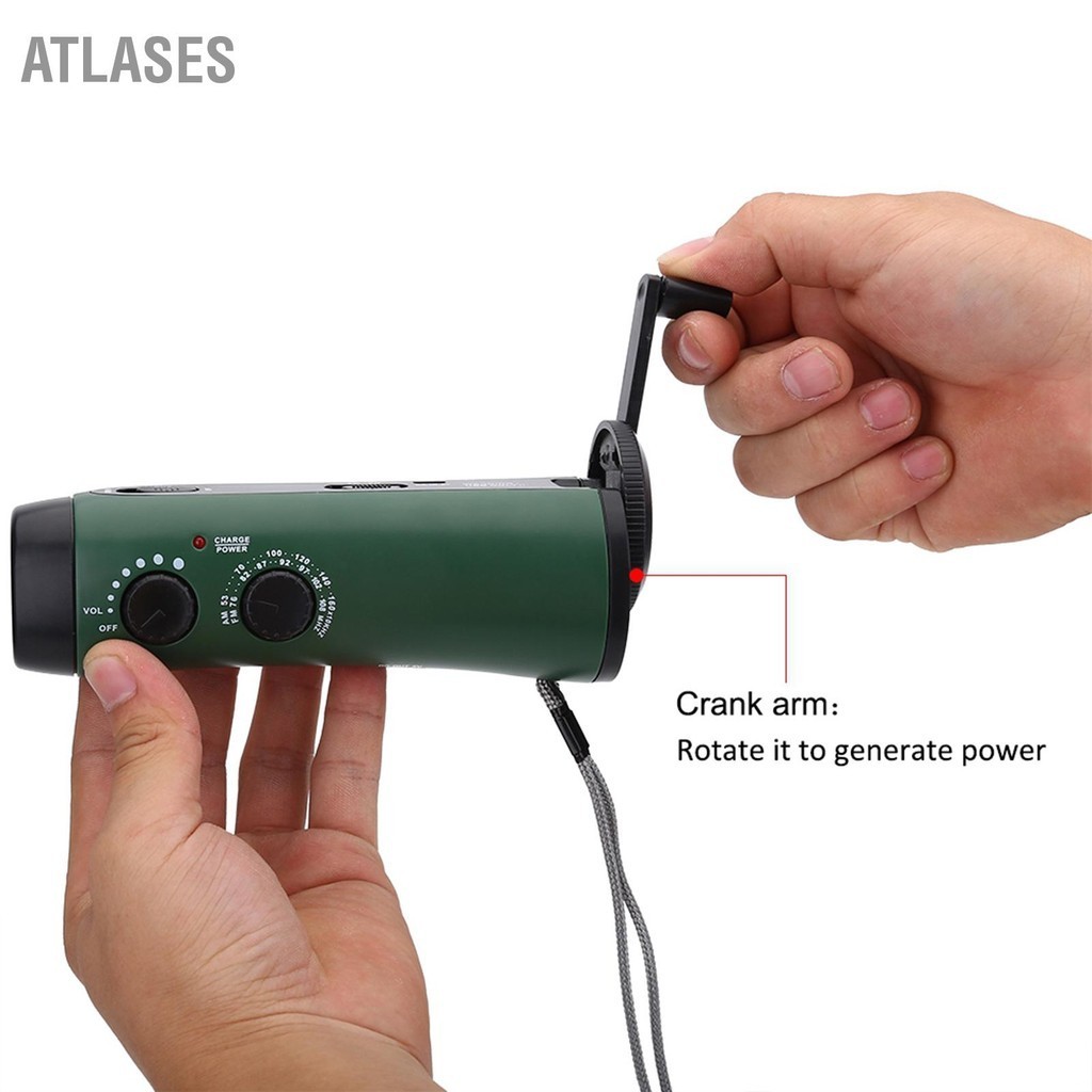 Atlases Đèn LED quay tay đa chức năng Cắm trại pin khẩn cấp Radio Torch Sạc điện thoại Xanh