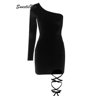 SweeticMe Váy Nữ Thời Trang Mới Màu Trơn Một Vai Gợi Cảm Mini Không Đều