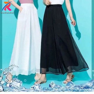 Ruidiandian Trắng Voan Quần Ống Rộng Nữ 2024 Mùa Hè Mới Cao Cấp Xếp Ly Thanh Lịch Mỏng Băng Lụa Thắt Lưng Túi Hai Lớp Màu Đen