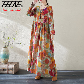 Thhone Mùa Xuân Mới 2024 Váy Dài Nữ Quần Áo Phong Cách Hàn Quốc Hoa In Rời Vintage Vải Lanh Cotton Cổ Tròn Dài Tay Ngày Lễ Đi Biển Váy