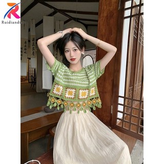 Ruidiandian Bộ Mùa Hè Bohemian Vintage Tua Rua Rỗng Thiết Kế Với Màu Sắc Tương Phản Dệt Kim Tay Ngắn Váy Nửa Cho Nữ
