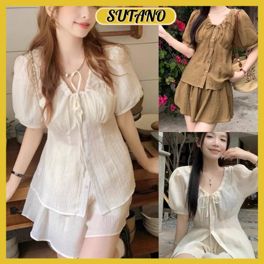 Set bộ đồ nữ áo sơ mi bèo tiểu thư rúm ngực thắt nơ phối chân váy xòe tiểu thư xinh xắn B815 SUTANO