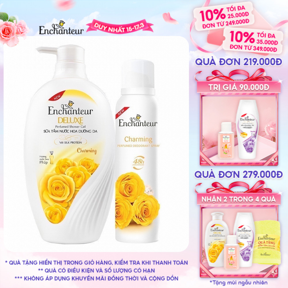 Combo Sữa Tắm Nước Hoa Dưỡng Da Enchanteur Charming 650G + Xịt Khử Mùi Hương Nước Hoa Enchanteur Charming 150ml