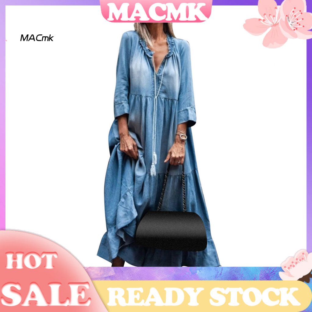 < Cod > Vintage Nữ Ren Cổ Chữ V 3 / 4 Tay Lớn Viền Tua Rua Đầm Maxi Denim
