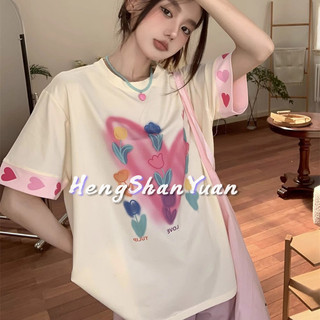 Heng Shan Yuan Áo thun nữ cổ tròn in hình tình yêu Mỹ ngắn tay dáng rộng Áo thun đa năng