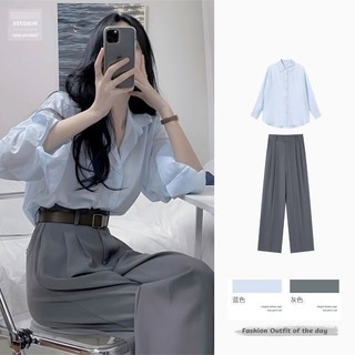 Phong Cách Hàn Quốc Mặc Mùa Hè Phong Cách Mới Khí Chất Nữ Hoàng Áo Sơ Mi Đi Làm Phong Cách Quần Âu Ống Thẳng Màu Xám Bộ 