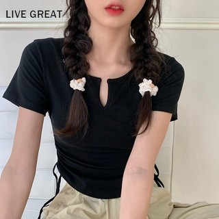 Trực TIẾP TUYỆT VỜI Áo thun nữ dây rút xếp li mỏng mùa hè mới cổ chữ V tay ngắn
