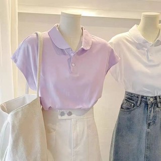 Cổ búp bê thời trang dáng rộng phiên bản Hàn Quốc với áo thun ngắn tay màu trơn