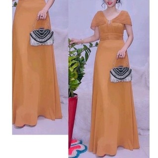 Đầm dạ hội trung niên dự tiệc sang trọng cho mẹ vải voan chiffon cổ trễ choàng vai, Đầm dự tiệc trung niên dạ hội