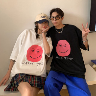Mùa hè 2024 Retro Hip Hop Chiều dài vừa phải Áo thun ngắn tay cổ tròn in hình mặt cười cho cặp đôi, màu trắng / đen tuổi giảm tay ngắn dáng rộng, thời trang cá nhân S