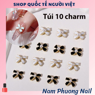 Túi 10 Cái Nơ Đính Ngọc Màu Đen Trắng Phụ Kiện Trang Trí Móng Tay Xinh Xắn