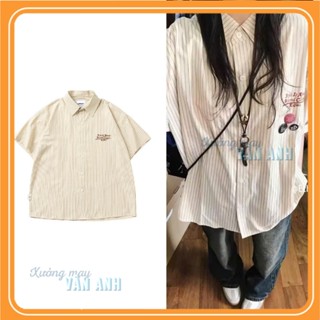 Áo Sơ Mi Tay Ngắn SỌC KEM CHỮ Dáng Rộng Thời Trang Mùa Hè Phong Cách Hàn Quốc Cho Nữ