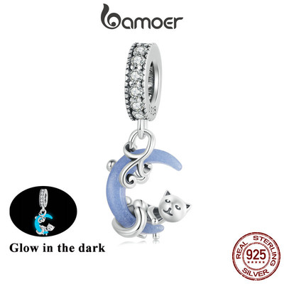 Bamoer 925 Sterling Sliver Charm Dạ Quang Mặt Trăng Mèo Thiết Kế Mặt Dây Chuyền Phụ Kiện Cho Vòng Tay SCC2747