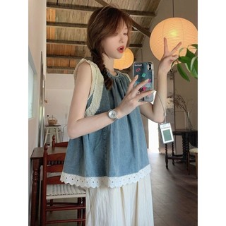 Phiên Bản Hàn Quốc Thời Trang Khâu Ren Denim Áo Sơ Mi Nữ Mùa Hè 2024 Phong Cách Mới Rời Ôm Hơn Nhìn Áo Thun Top