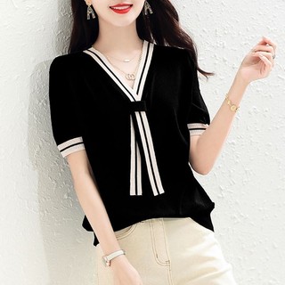 Áo thun nữ tay ngắn mùa hè 2024 Phiên bản Hàn Quốc Thời trang và thanh lịch Giảm béo buộc dây cổ chữ V